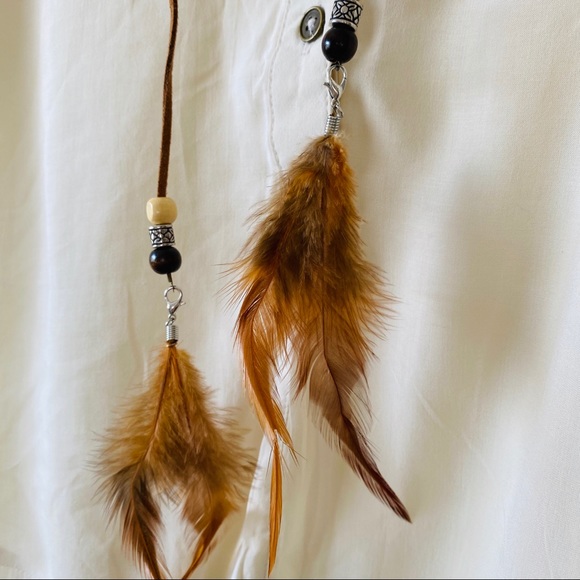 NWT Boho Silky Feather Tassel Cream Beige Blouse M - Picture 3 of 5